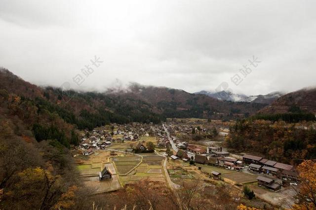 白川乡 村 日本 镇 农业 房子 景观 多云 山