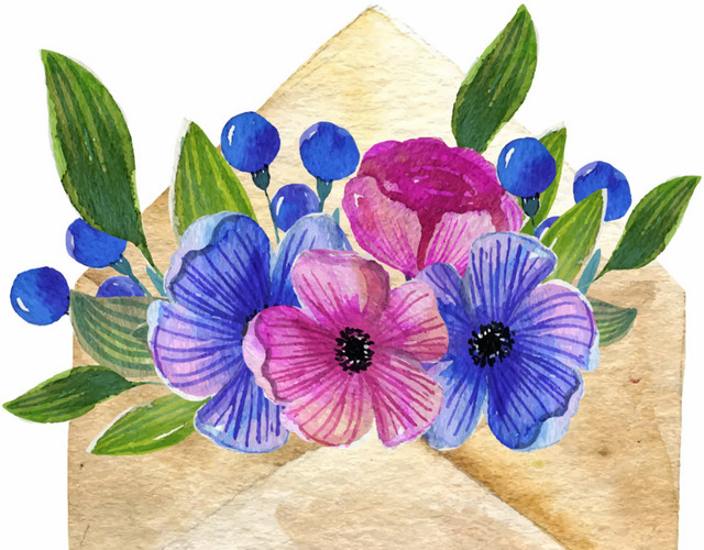 矢量水彩鲜花信封设计素材