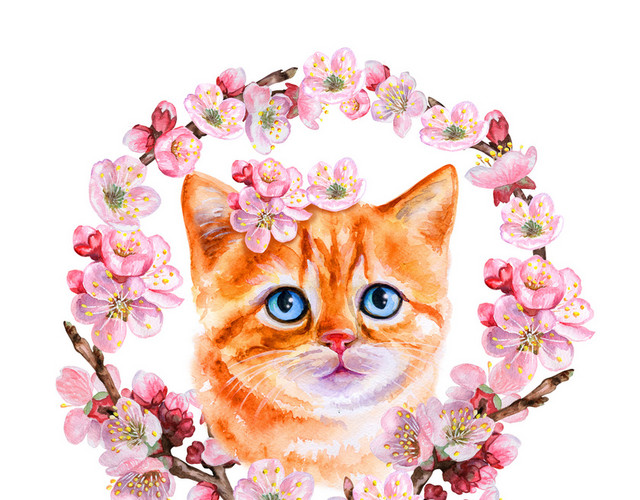 清新梅花小猫花环矢量元素