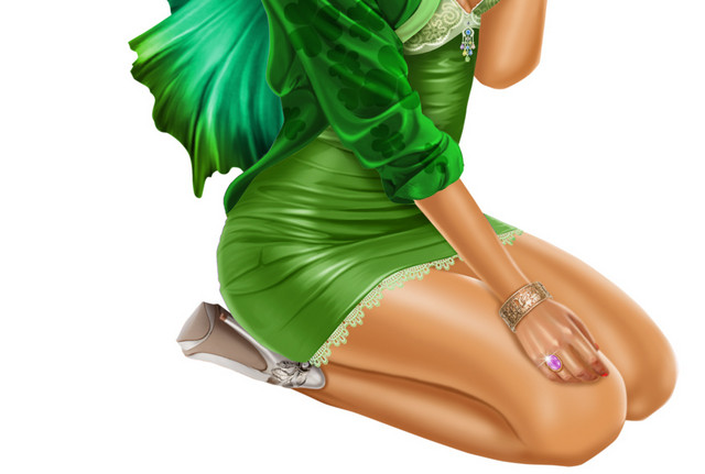 动漫美女绿银色性感裙子翅膀素材