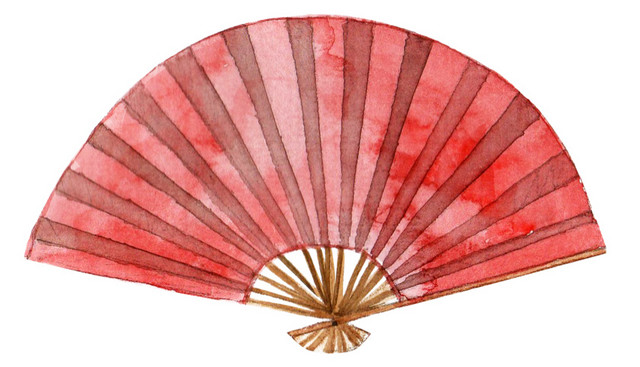 手绘红色条纹扇子素材