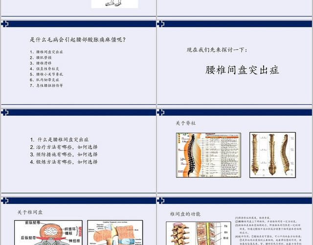 医疗蓝紫色腰椎间盘突出症腰椎骨科护理查房PPT模板
