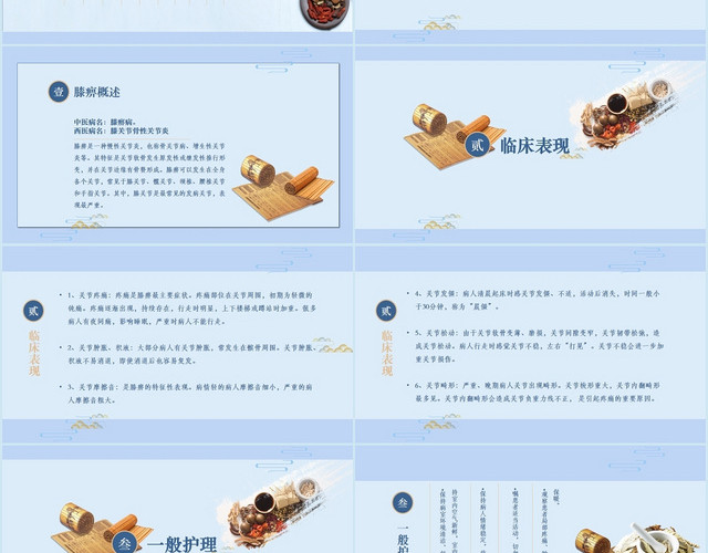蓝色国风清新中医膝痹的中医护理常规查房护理PPT模板