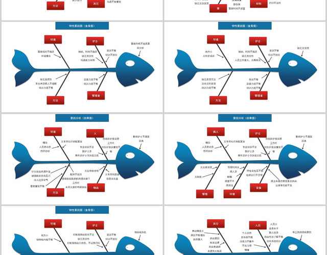 红蓝色简约风格图文结合鱼骨图PPT模板