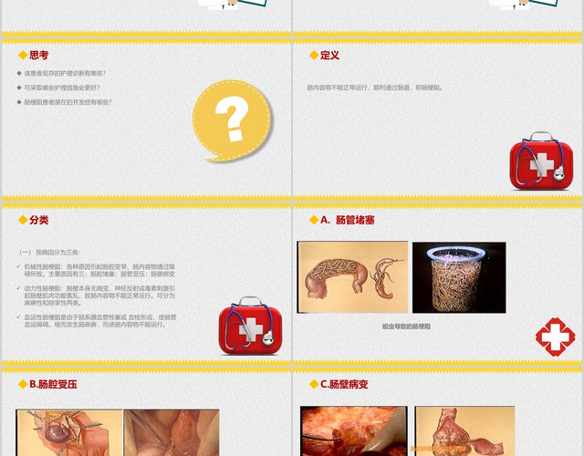 红黄色简约风医疗行业肠梗阻病人护理查房汇报PPT模板