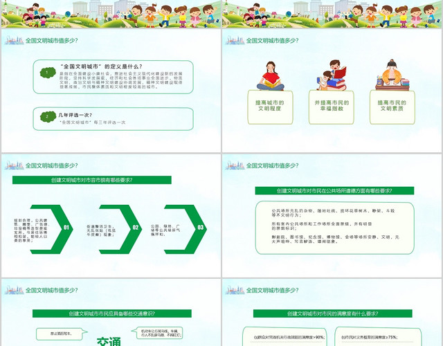 卡通创建文明城你我一起努力创建文明城市主题班会课件PPT模板