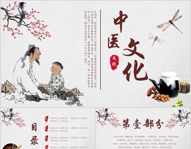 酒红色简约中国风中医文化PPT模板