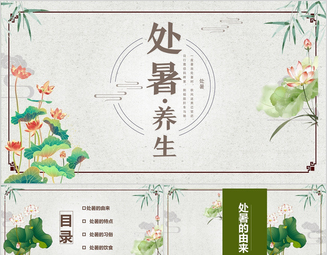 绿色小清新荷花元素处暑节日介绍PPT模板