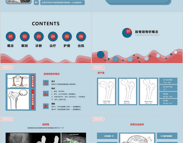 蓝红色股骨颈骨折护理查房医疗课件PPT模板