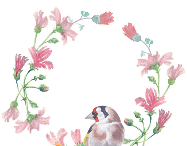 水彩鲜花花环小鸟素材