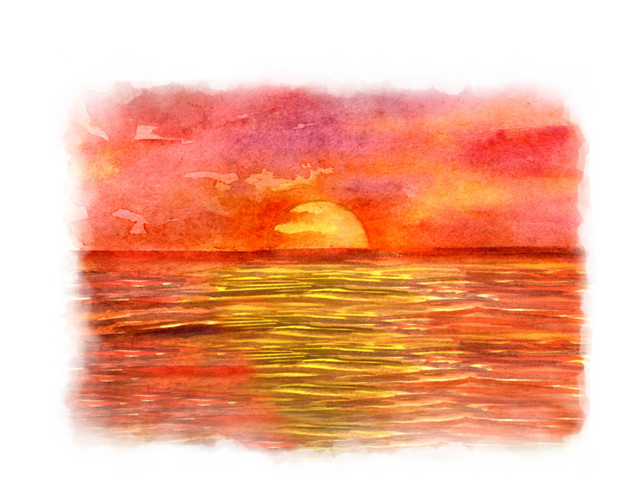 水彩红色水边夕阳风景素材