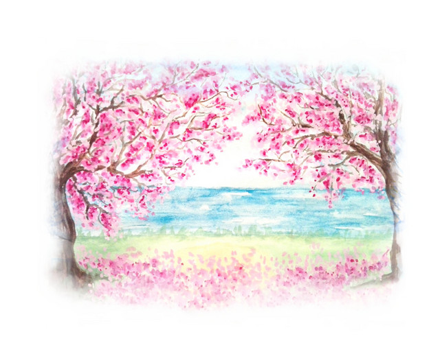 手绘桃花林风景素材