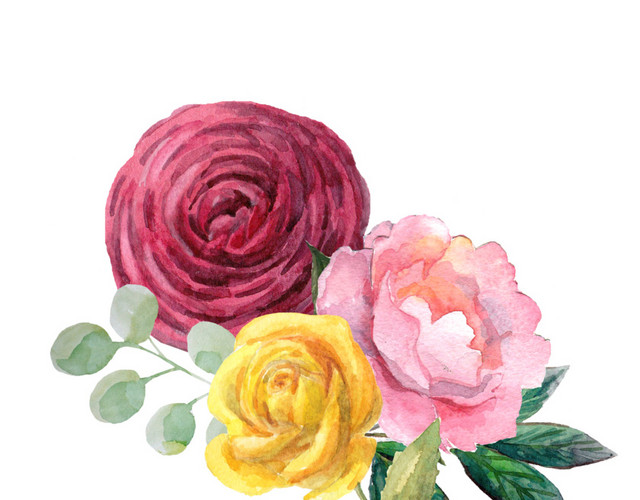 手绘水彩玫瑰鲜花花束素材