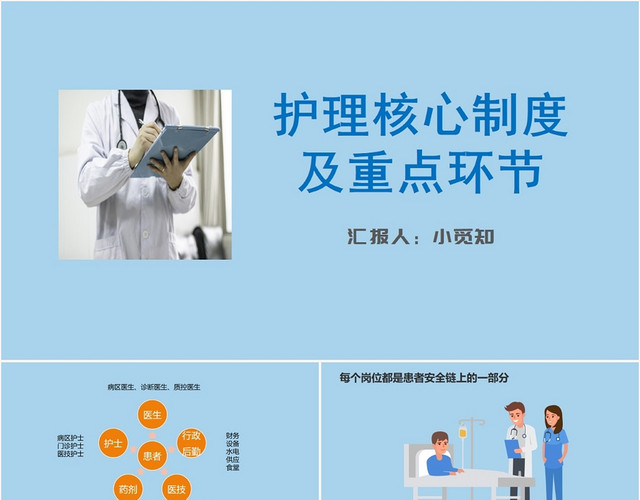 蓝色简洁风护理核心制及重点环节护理查房制度PPT模板