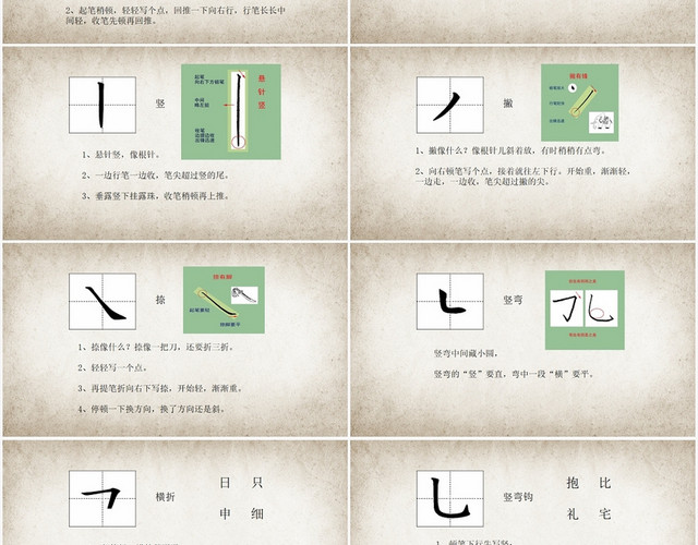 棕色古风硬笔书法基本笔画书写要点PPT模板