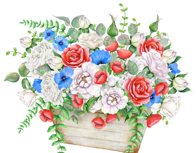 彩色清新植物花篮水彩插画