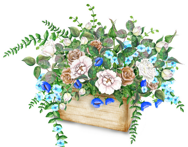 彩色清新植物花篮水彩插画