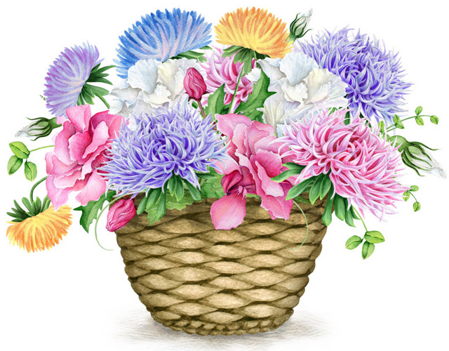 彩色清新植物花篮水彩插画