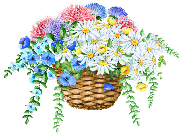彩色清新植物花篮水彩插画