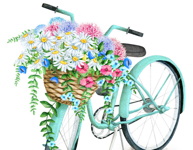彩色清新自行车植花篮水彩插画