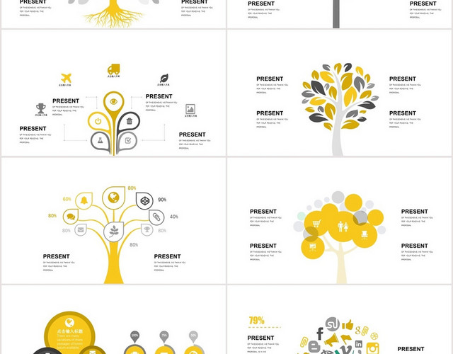 黄色树状图可视化图表集PPT模板