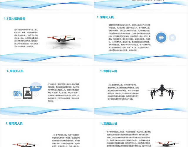 蓝色简洁风无人机发展与系统组成无人机PPT模板