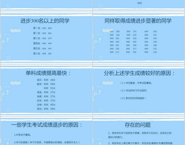 蓝色卡通风主题班会期末考试成绩分析会PPT模板