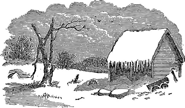 雪景小屋黑白钢笔画素材