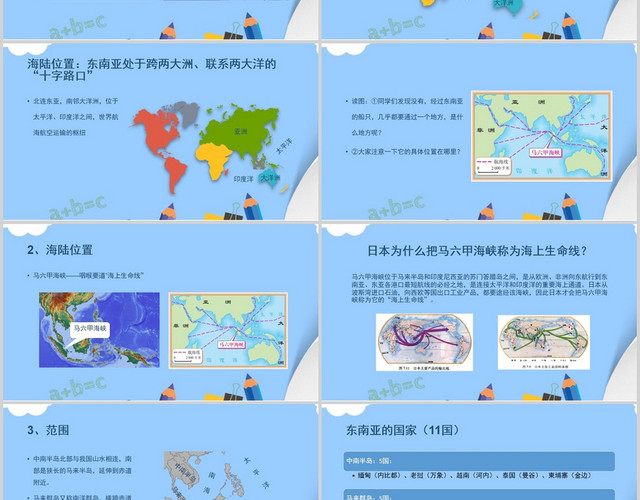 蓝色卡通东南亚介绍东南亚的地理位置和自然环境PPT模板