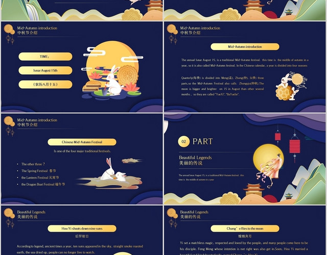 蓝金中国风中秋节英文介绍PPT模板