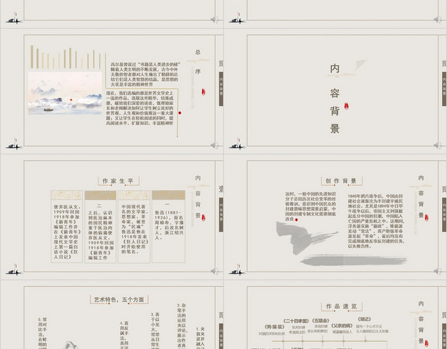 米色古风鲁迅朝花夕拾PPT模板