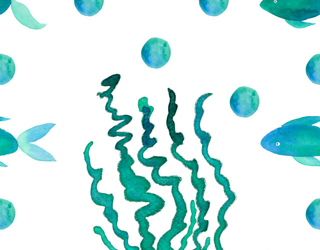蓝色水彩海草设计素材
