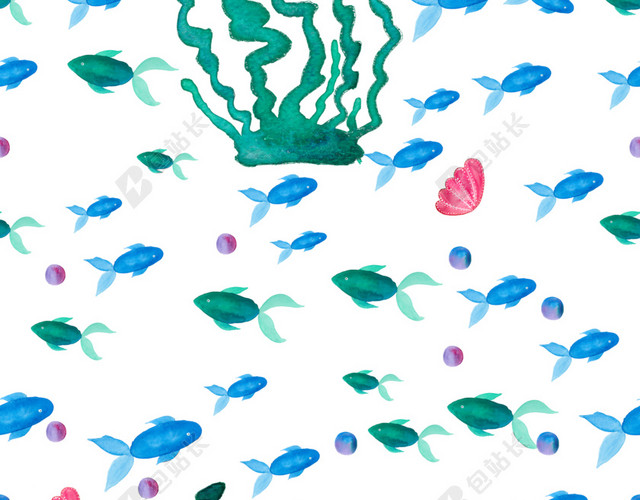 水彩蓝色鱼类海带平铺素材
