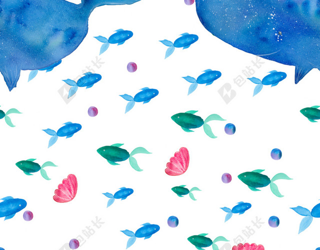 水彩清新蓝色小鱼背景素材