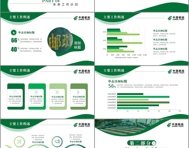绿色商务简约风中国邮政邮政工作总结PPT模板