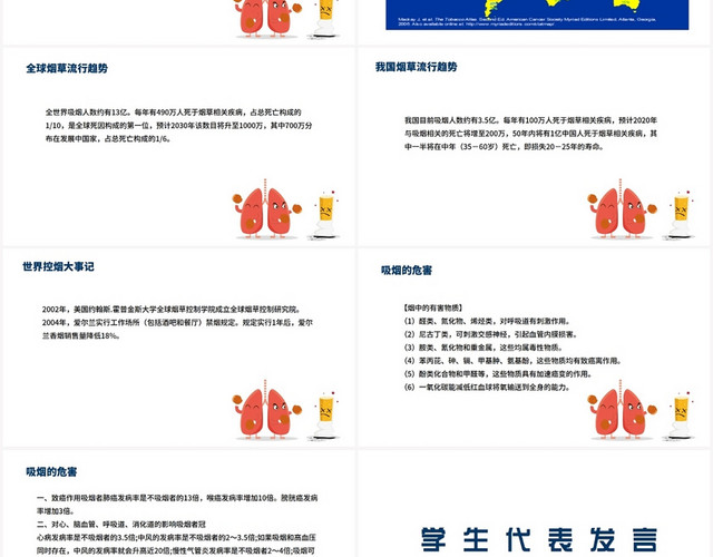 蓝色商务风禁止吸烟校园禁烟主题班会PPT模板