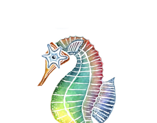 彩色手绘海马水彩插画素材
