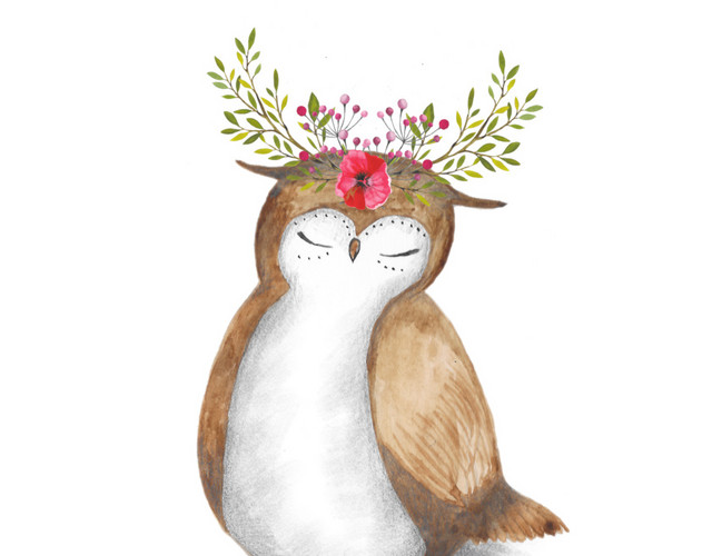 彩色卡通手绘文艺猫头鹰水彩插画