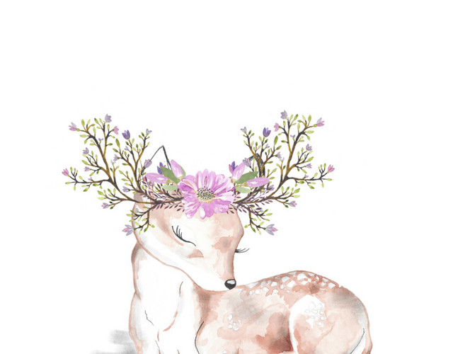 手绘文艺小鹿水彩插画