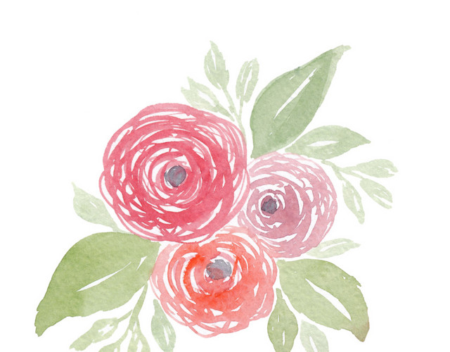 红色手绘花瓣花环绿叶植物素材
