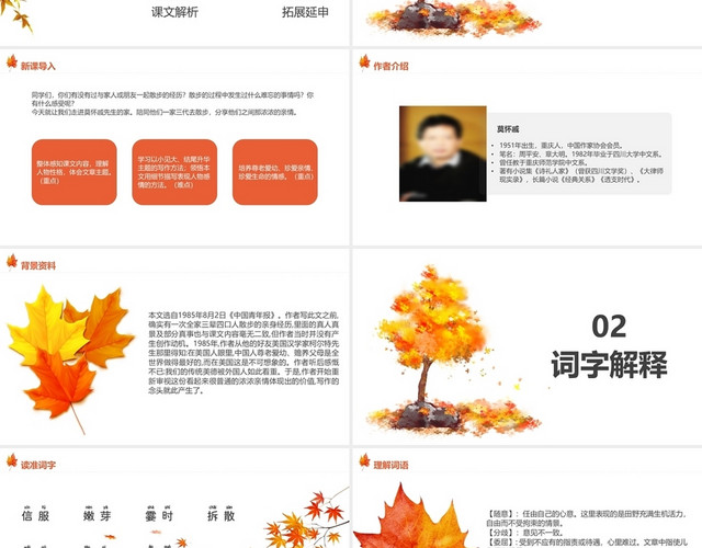 橙色简约语文教学课件散步PPT