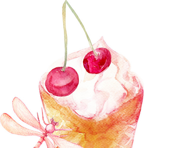 彩色手绘冰激凌水彩插画