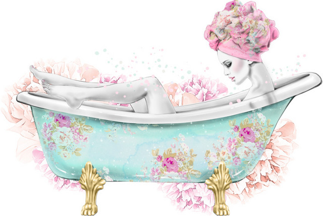 彩色手绘清新浴缸美女水彩插画