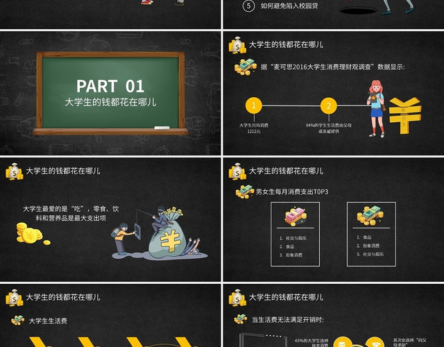 黑板风卡通校园网贷PPT模板