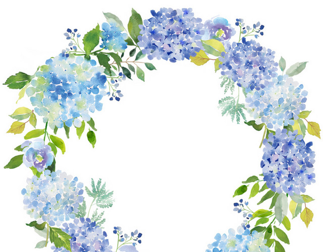 蓝色手绘花朵花环水彩插画
