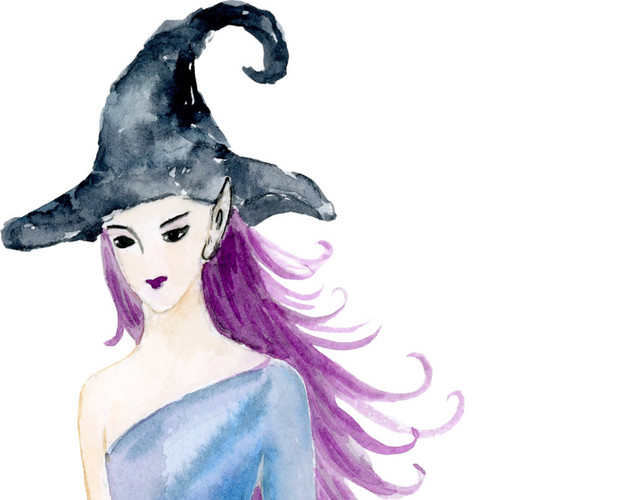 彩色手绘巫师美女水彩插画