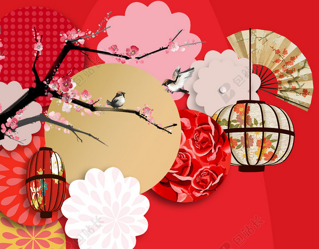 梅花枝条红色立体背景图