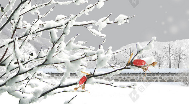 二十四节气小雪枝条雪花动物鸟灰背景图