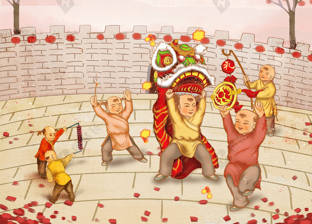 节日庆祝舞狮子红色花瓣背景图