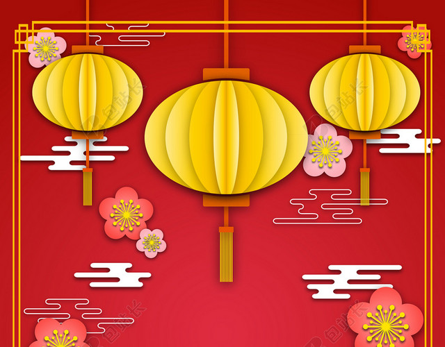简约大气3D剪纸元宵佳节背景